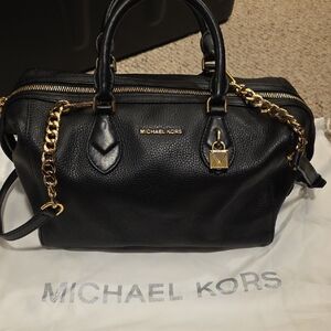 Michael Kors Black Leather Satchel with Gold Hardware Chain